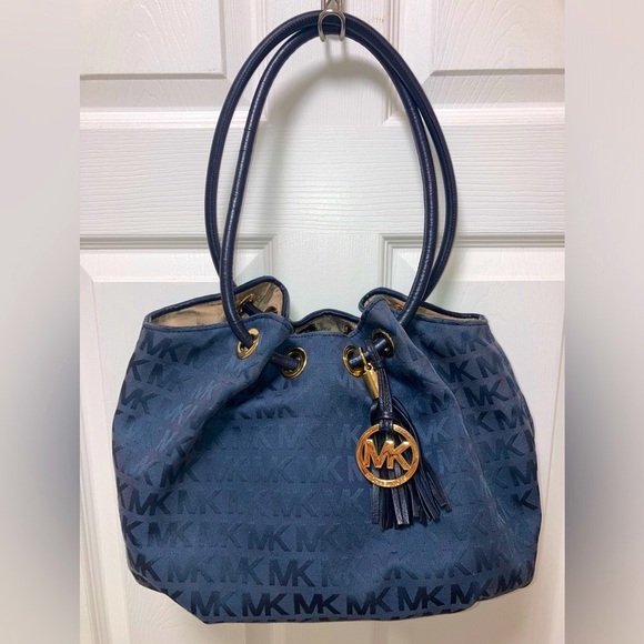 Michael Kors Handbags - Michael Kors East West Ring Tote MK Logo Hobo Shoulder Bag in Dark Blue EUC